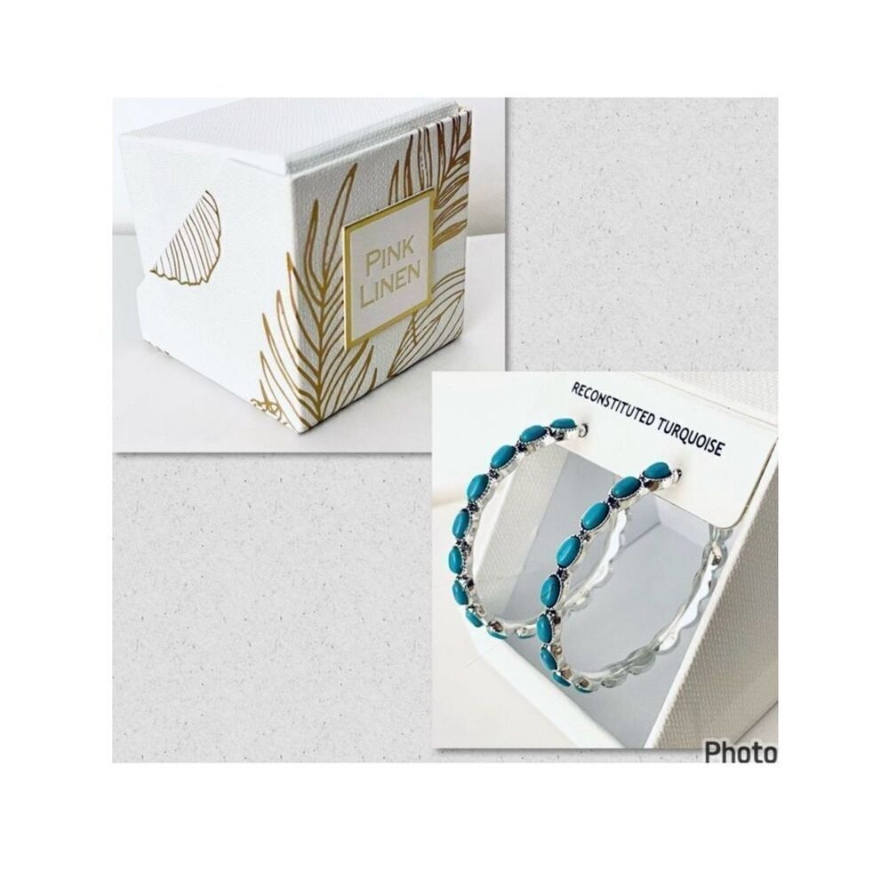 NWT Pink Linen Gorgeous Reconstituded Turquoise Silver / Blue Hoops Earrings